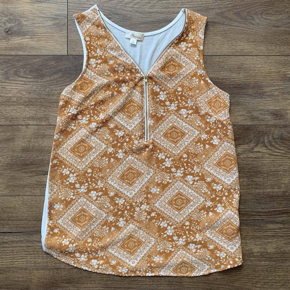 Misia Sz Small Orange & White Half Zip Floral Boho Sleeveless Textured Tank Top